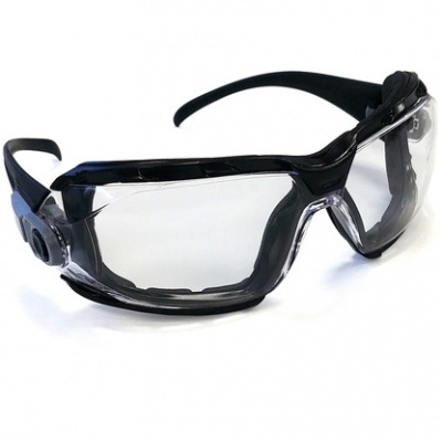 Óculos de proteção com armação preta e lentes transparentes