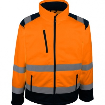 Casaco de alta visibilidade laranja com faixas cinzentas e detalhes pretos