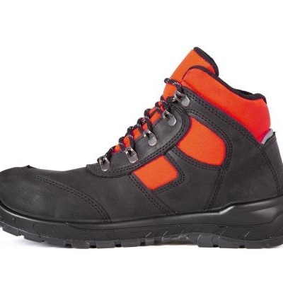 Bota de segurança preta com detalhes vermelhos