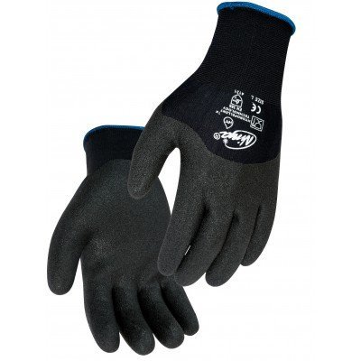 Par de luvas de proteção pretas com punhos azuis e texto branco