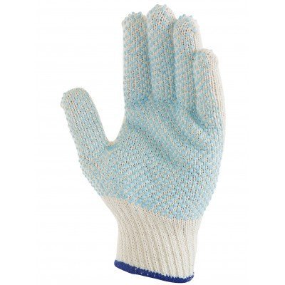 Luva de trabalho tricotada com pontos azuis e punho elástico branco e azul