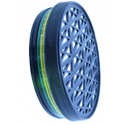 Filtro redondo preto com padrão triangular e faixa amarela com texto