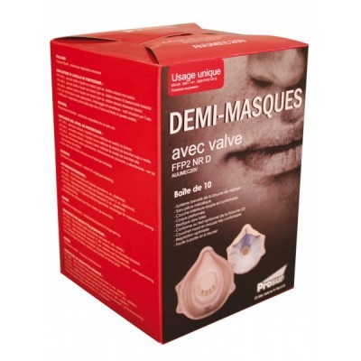 Caixa vermelha de demi-masques FFP2 com válvula, texto em francês, 10 unidades.