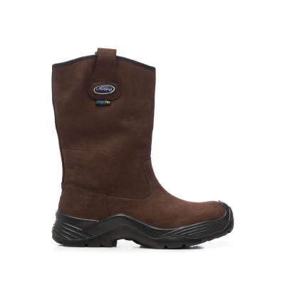 Bota castanha cano médio com sola preta e etiqueta AVON