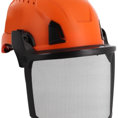 Capacete industrial laranja com viseira de malha preta