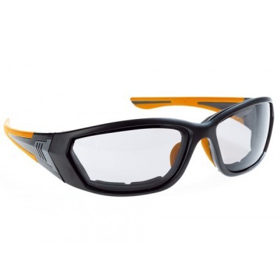 Óculos desportivos preto e laranja com lentes transparentes