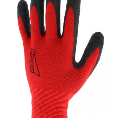 Luva de trabalho vermelha com pontas dos dedos e palma preta, com logótipo Prosui