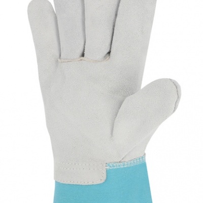 Luva de trabalho em couro cinzento claro com punho azul