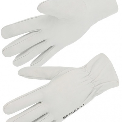 Luvas brancas com punho elástico e o texto 'SINGER'