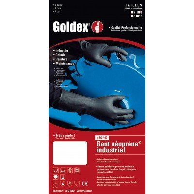 Embalagem de luvas de neoprene industriais Goldex com fundo vermelho e preto