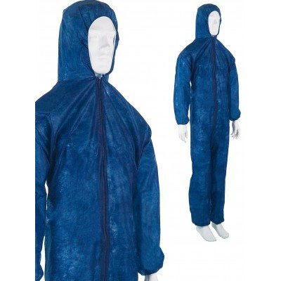 Macacão de proteção azul com capuz e fecho, em manequim branco