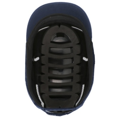 Interior de capacete azul com estrutura de proteção preta e fita ajustável branca