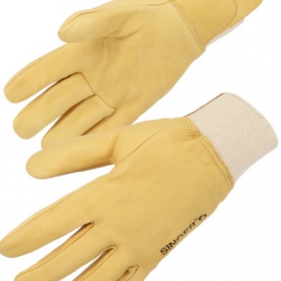 Luvas de trabalho amarelas com punho branco elástico e marca SINGER