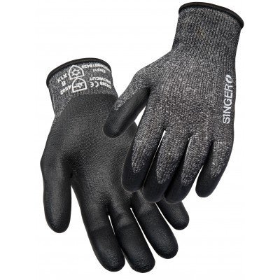 Par de luvas de proteção cinza e preto com marca SINGERPO e símbolos de certificação