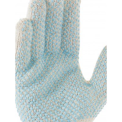 Luva de malha bege com pontos antiderrapantes azuis