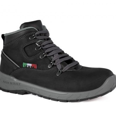 Bota alta preta com sola cinzenta e atacadores cinzentos