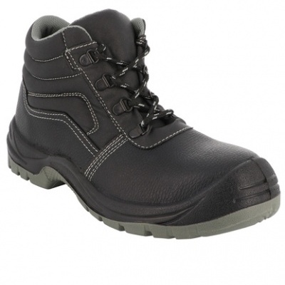 Bota de proteção preta com sola cinza e atacadores pretos