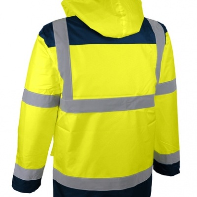 Casaco de segurança amarelo fluorescente com faixas refletoras cinzentas e detalhes em azul