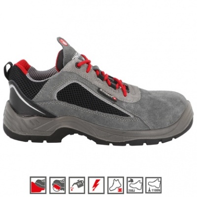 sapato de segurança cinzento e preto com atacadores vermelhos