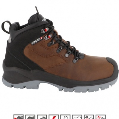 Bota de trabalho Singer em pele castanha e preto com sola cinza e atacadores.