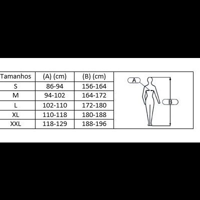 Tabela de tamanhos com medidas em centímetros para A e B e ilustração de corpo humano a indicar medidas