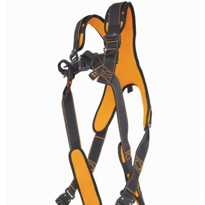 Arnês de segurança com alças pretas e forro laranja para trabalhos em altura