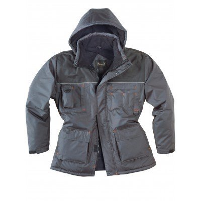 Casaco cinzento escuro com capuz e múltiplos bolsos