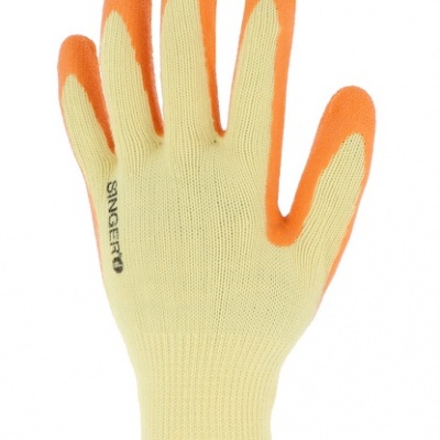Luva de proteção amarelo claro com pontas dos dedos laranja e logo SINGER
