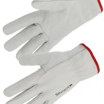 Par de luvas brancas de pele com borda vermelha e logo SINGER