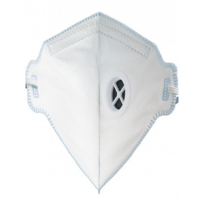 Máscara facial branca com válvula de respiração e costuras azuis claras
