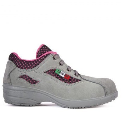 Sapato de segurança cinzento com detalhes cor-de-rosa e preto e sola antiderrapante