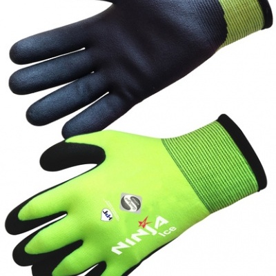Par de luvas de proteção verde fluorescente e preto com texto NINJA Ice