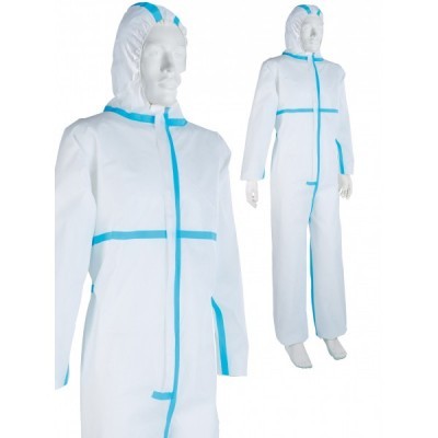 Macacão de proteção branco com detalhes azuis e capuz em manequins femininos