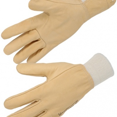 Par de luvas em pele bege com punho em tecido branco elástico
