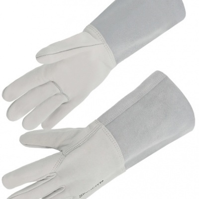 Luvas de proteção em couro claro com punhos cinzentos