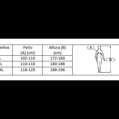 Tabela de tamanhos para roupa com medidas de peito e altura em centímetros e ilustração de figura humana