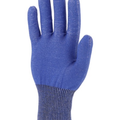 Luvas de trabalho azuis com punho elástico cinzento e castanho, fundo branco