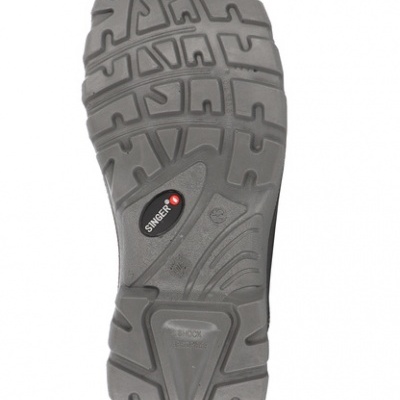 Sola de sapato cinzenta antiderrapante com marcações 'SWISSER' e 'SHOCK ABSORBER'