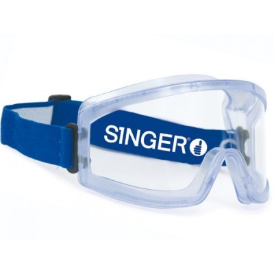 Óculos de proteção transparentes com cinta azul e texto SINGER