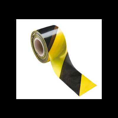 Rolo de fita adesiva amarela e preta com riscas diagonais