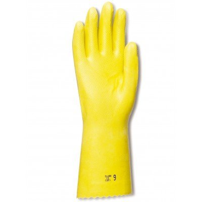 Luva amarela de borracha texturizada com texto impresso no pulso