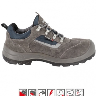 Tênis de segurança cinzento com detalhes azuis e sola preta antiderrapante