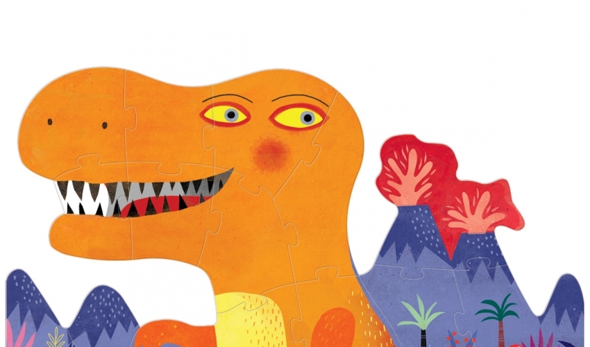 Puzzle O meu T-REX Quebra-cabeças com dinossauro laranja e vulcões ao fundo