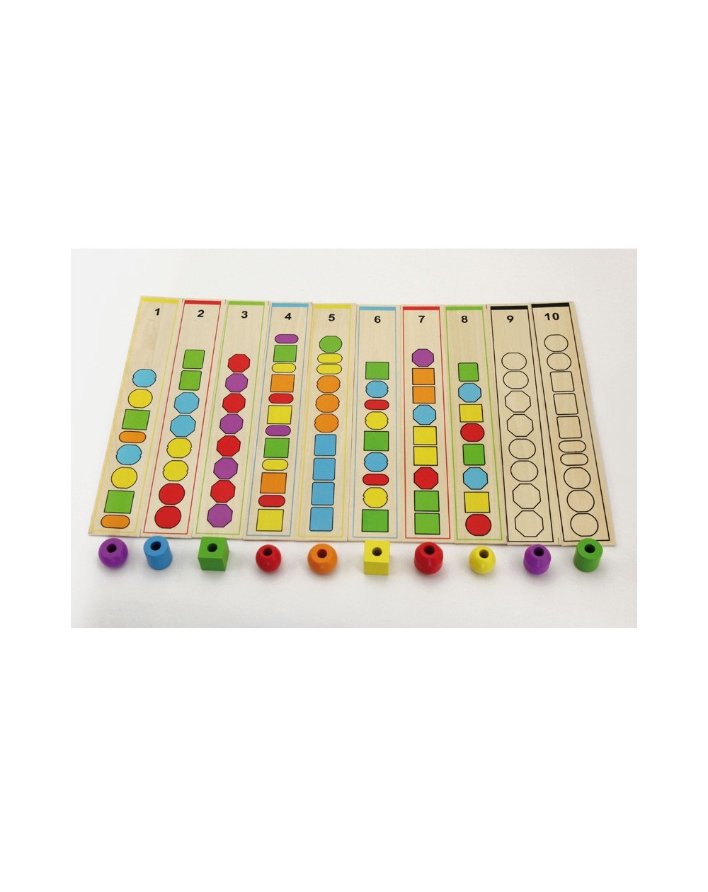 Formas para Encaixe - 92 Peças Jogo educativo de madeira com colunas numeradas e peças coloridas soltas