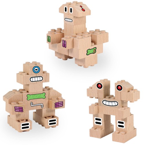 Fab Brix - Robots 16 Peças Figuras de madeira com blocos tipo construção e caraterísticas faciais desenhadas