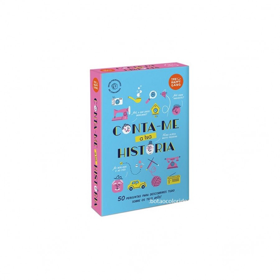 Desbloqueadores de Conversas - Conta-me a Tua História Caixa do jogo de cartas 'Conta-me a tua história' em azul e rosa com ícones coloridos