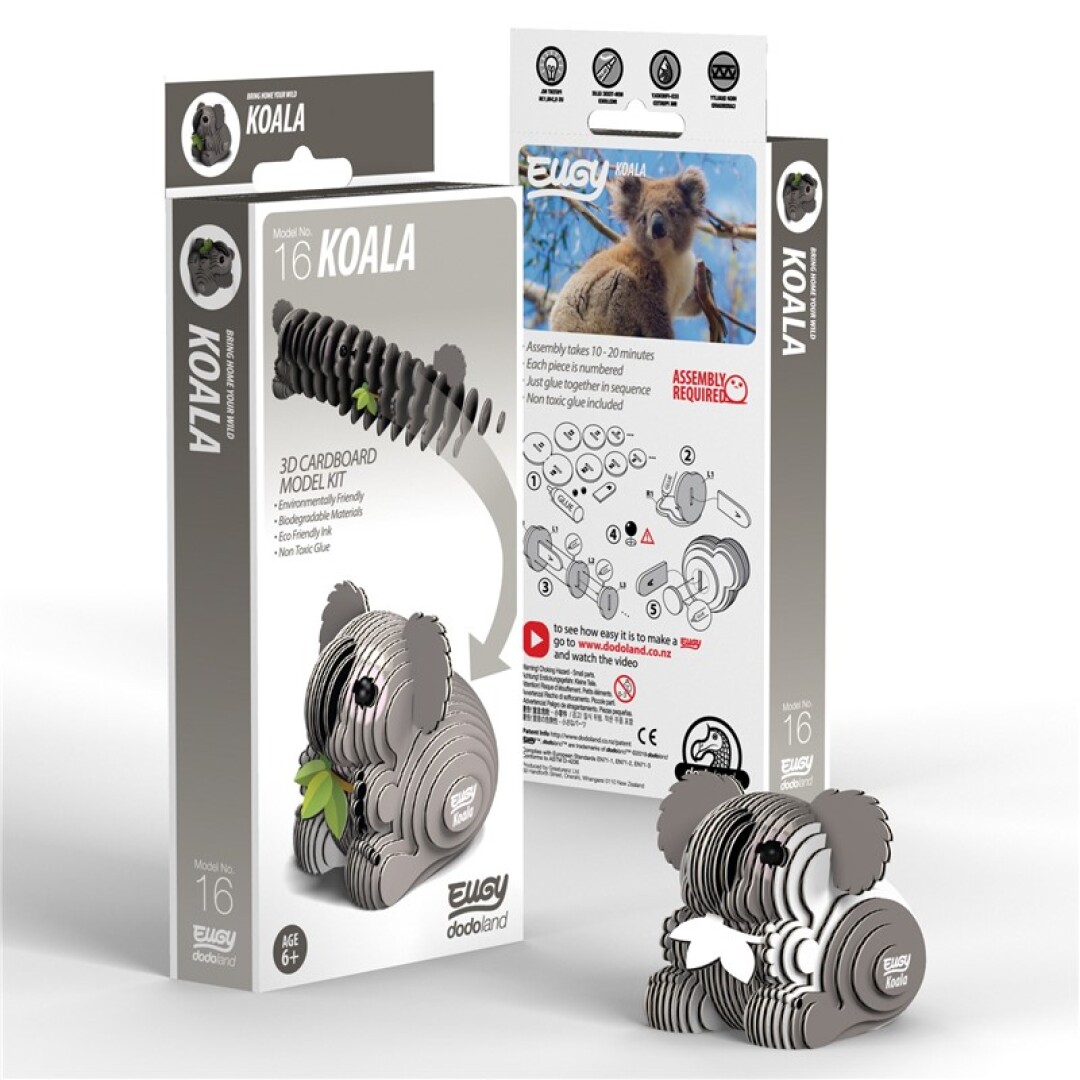 Koala Eugy Modelo 3D de coala em cartão com 16 peças e embalagem com imagem e instruções