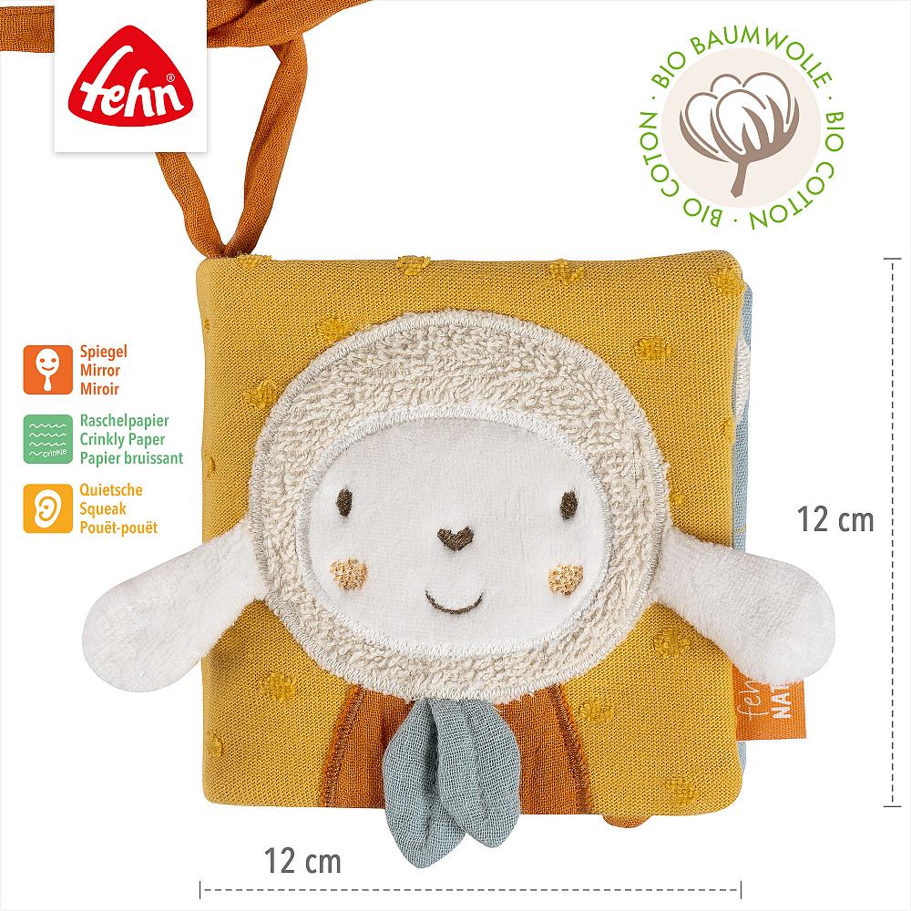 Livro Suave ovelha fehnNATUR Brinquedo quadrado amarelo com rosto de ovelha e texto BIO COTTON
