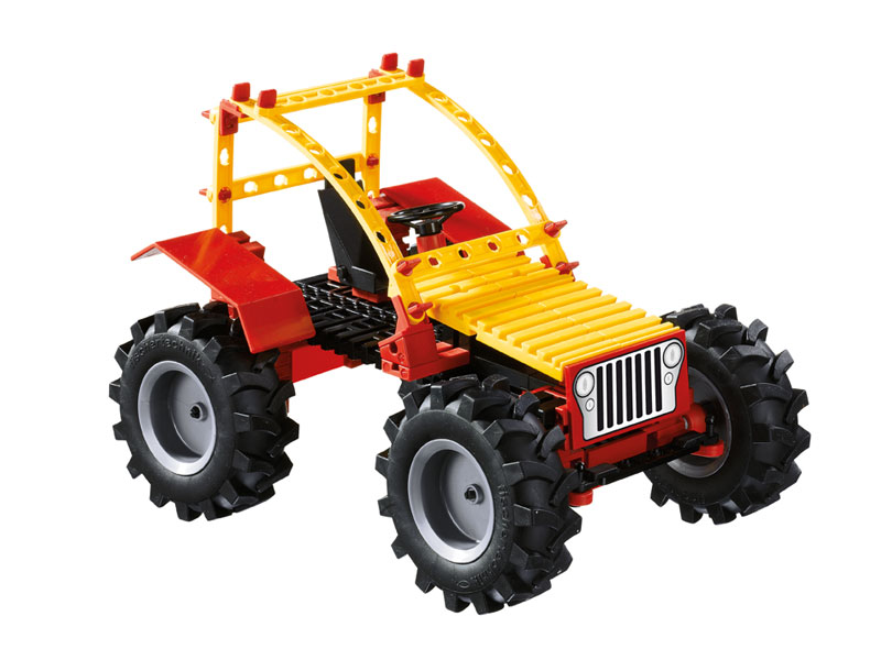 Laboratório Experiências CTEM - Sistemas de Movimento Brinquedo jipe plástico amarelo, vermelho e preto com pneus grandes