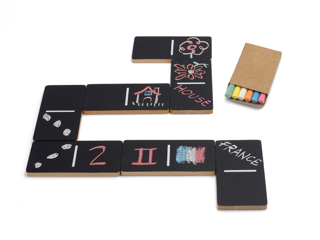 Domi Chalking Dominoes em ardósia preta com desenhos coloridos e caixa de giz